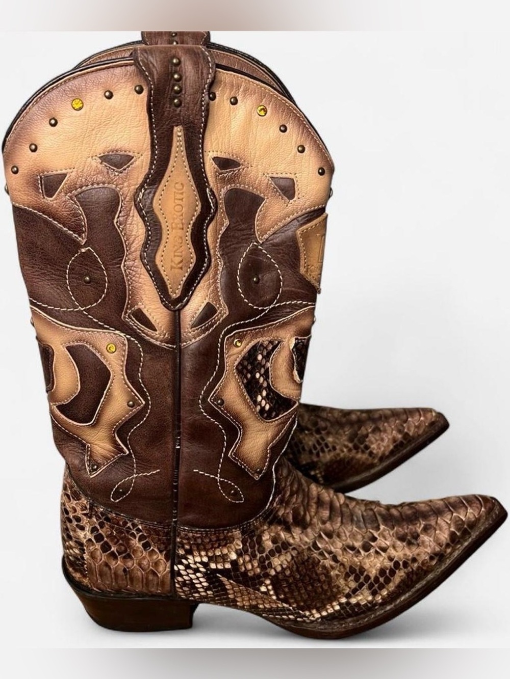 King Exotic men’s Genuine Python Snip Toe Western Boots Brown Tan Size 8 EE